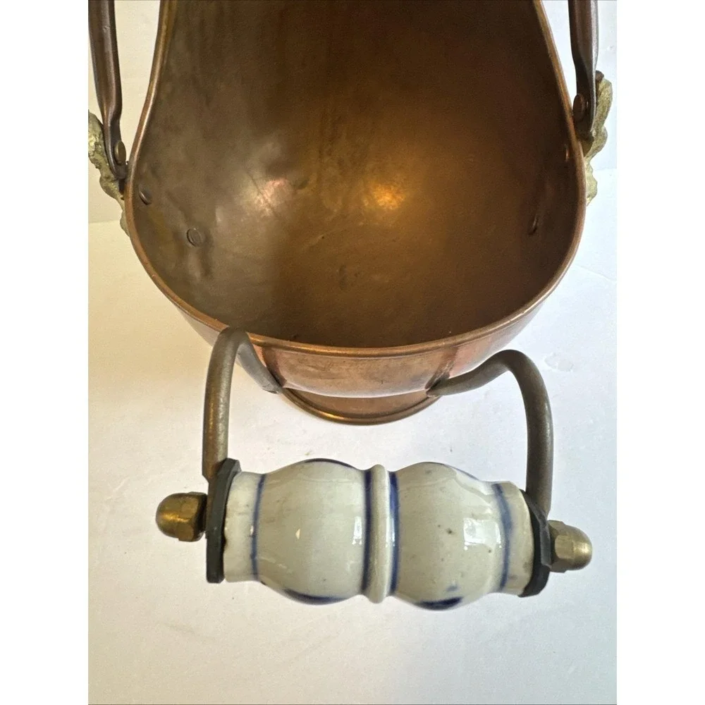 Copper Brass Coal Scuttle/Ash Bucket w/Porcelain Cherub Face 8